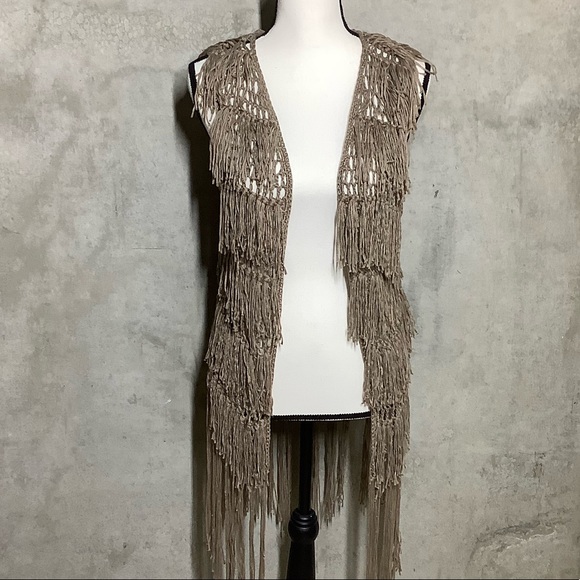 🍒 FRINGE VEST CROCHET NET MIDI DUDSTER BOHO CHIC TAN BOHEMIAN COUTURE COVER - Picture 4 of 9